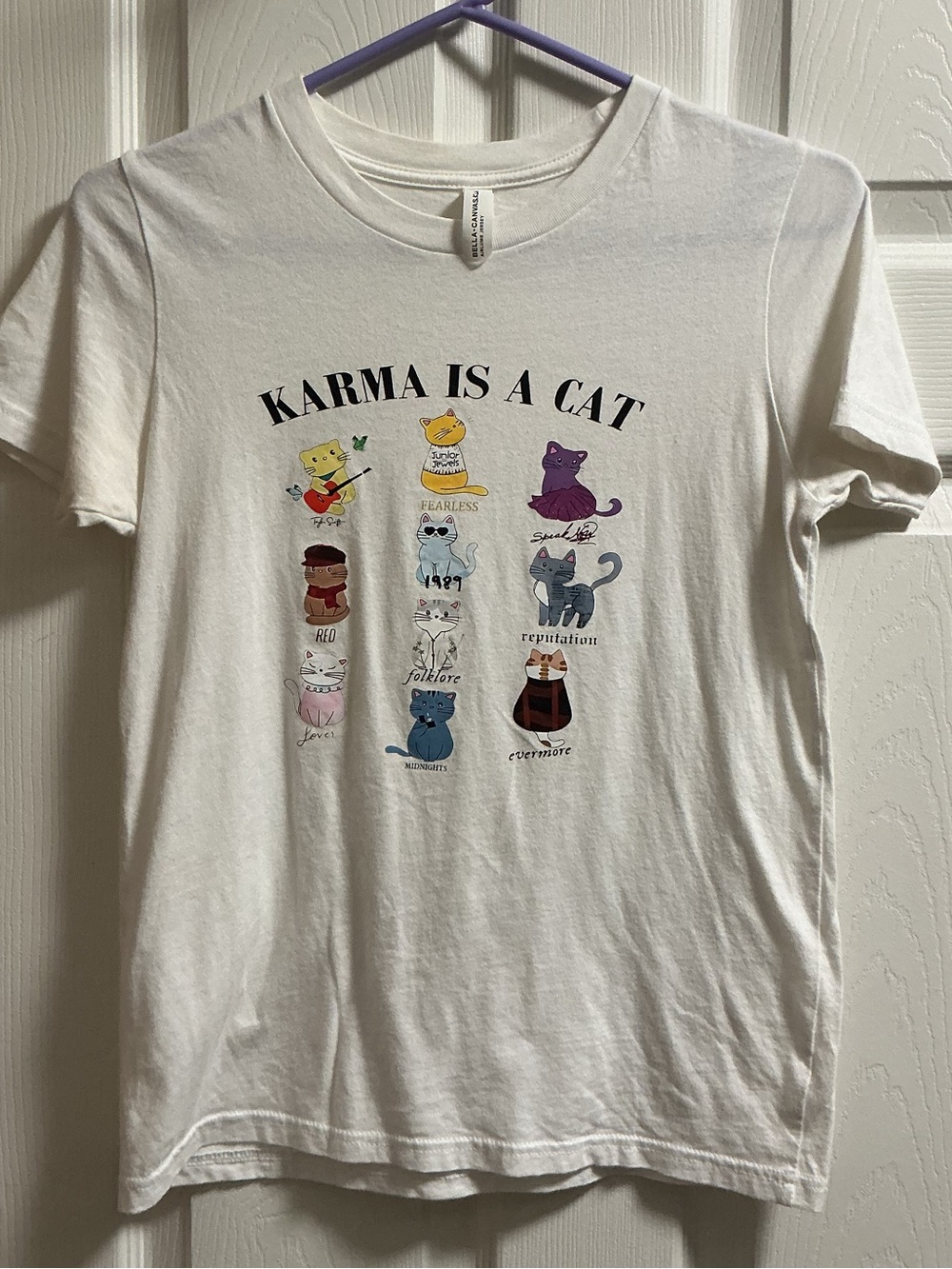 Bella Canvas White 'Karma Is A Cat' Taylor Swift Tee with Colorful Cat Icon
